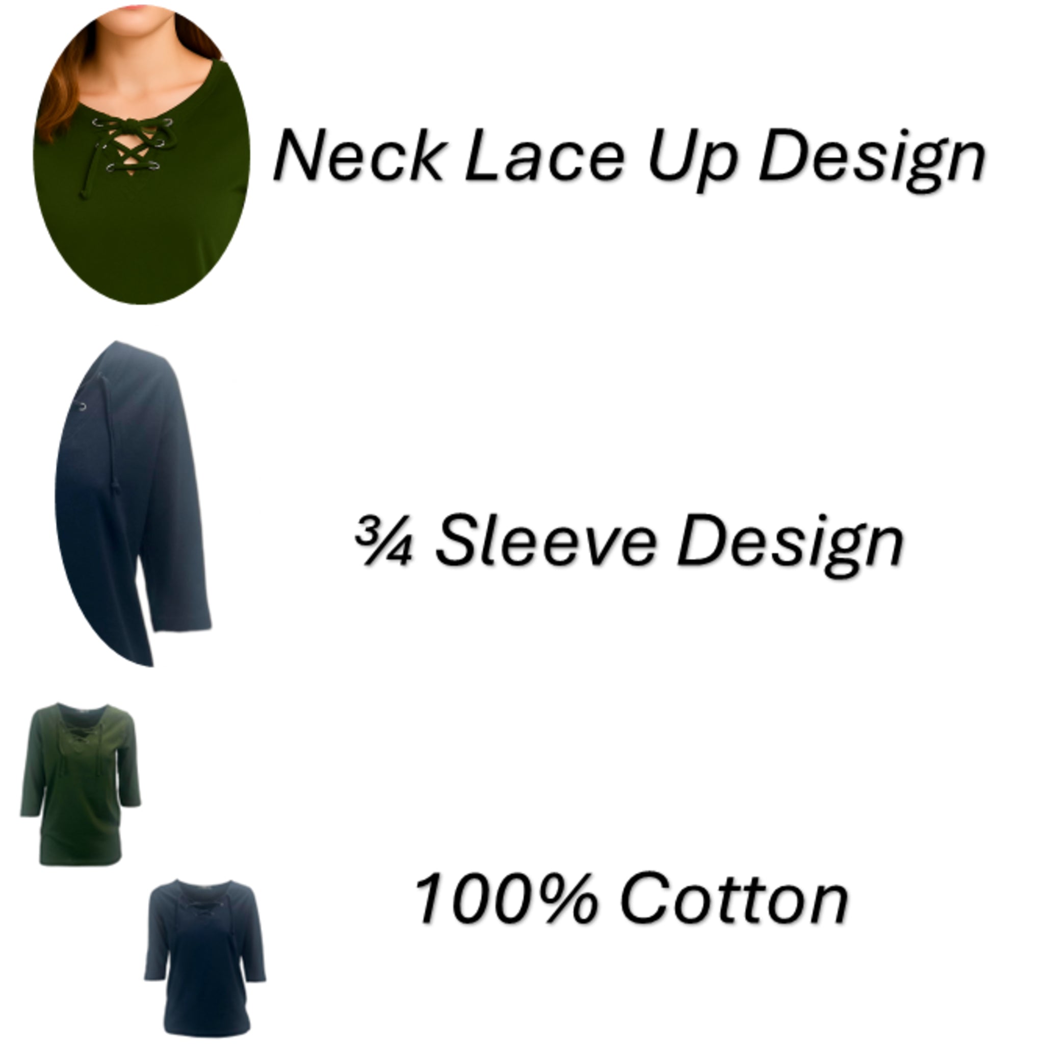 Ladies Olive Green and navy 100% cotton lace-up V-neck top with 3/4 sleeves – breathable casual blouse with eyelet detail